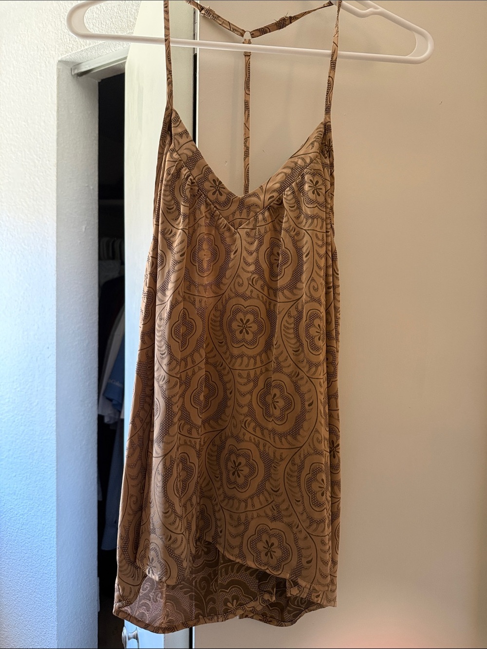 Tan Floral-Print Slip Chemise with Spaghetti Straps